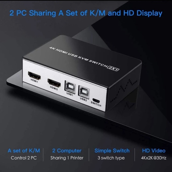 4K 2X1 HDMI USB KVM Switch 2 Port HDMI KVM Selector for 2 Computer Sharing New - Picture 4 of 15